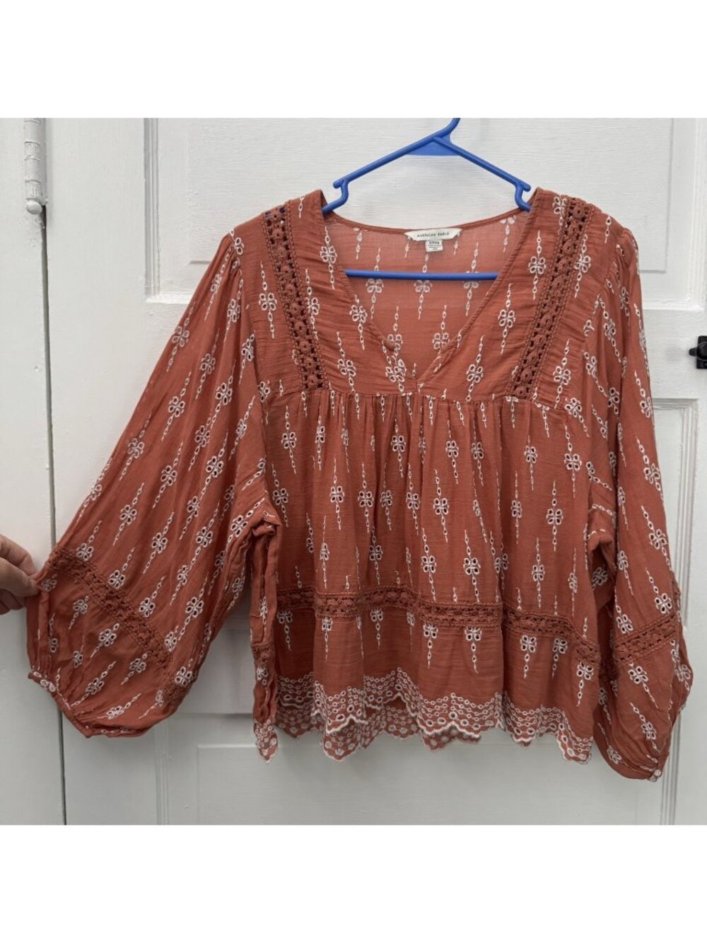 American Eagle Women S Terracotta Cotton Embroidered Crochet Babydoll Top